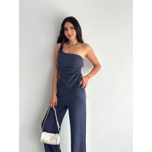 Asimetrik Crop Pantalon ikili Takım - Lacivert