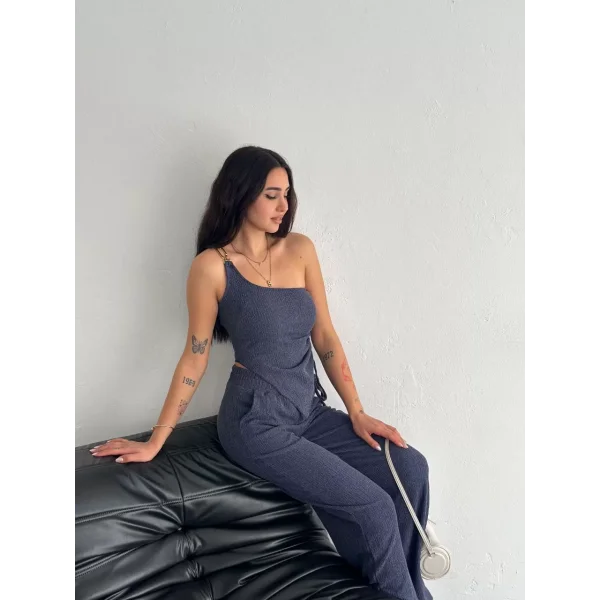 Asimetrik Crop Pantalon ikili Takım - Lacivert