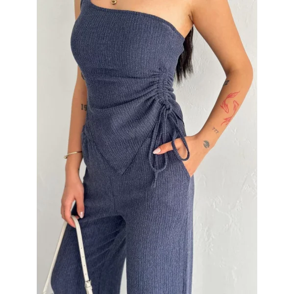 Asimetrik Crop Pantalon ikili Takım - Lacivert