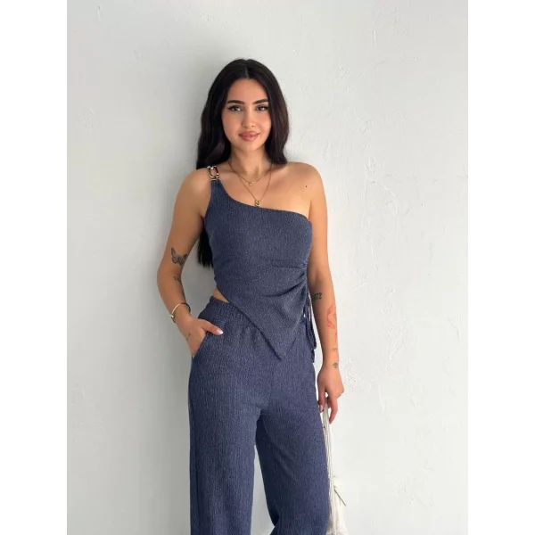 Asimetrik Crop Pantalon ikili Takım - Lacivert
