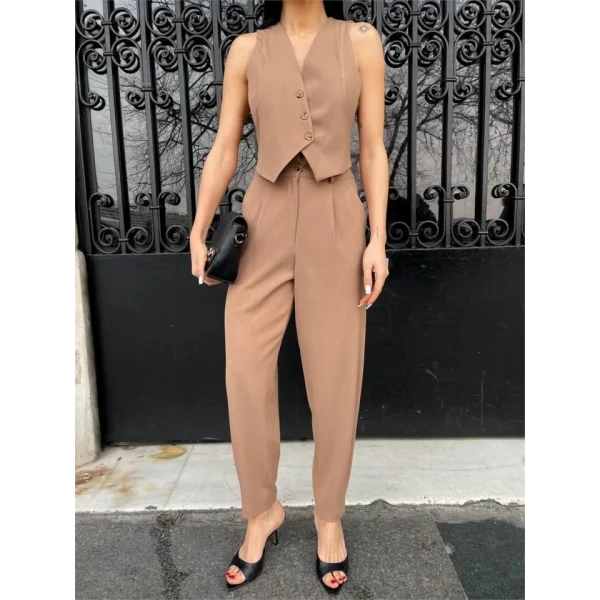 ASİMETRİK DÜĞME YELEK - PAÇA PENS PANTOLON TAKIM - Kahverengi