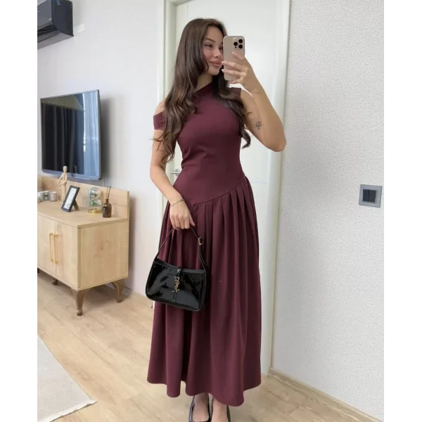Asimetrik düşük yaka Kolsuz Uzun Elbise - Bordo