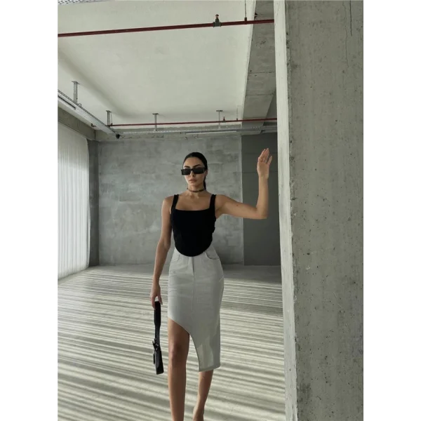 ASİMETRİK KESİM ETEK VİSKON - Gri