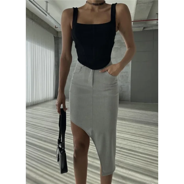 ASİMETRİK KESİM ETEK VİSKON - Gri