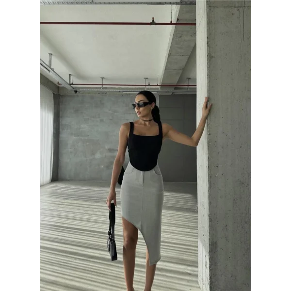 ASİMETRİK KESİM ETEK VİSKON - Gri