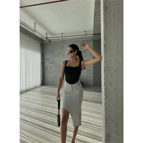 ASİMETRİK KESİM ETEK VİSKON - Gri