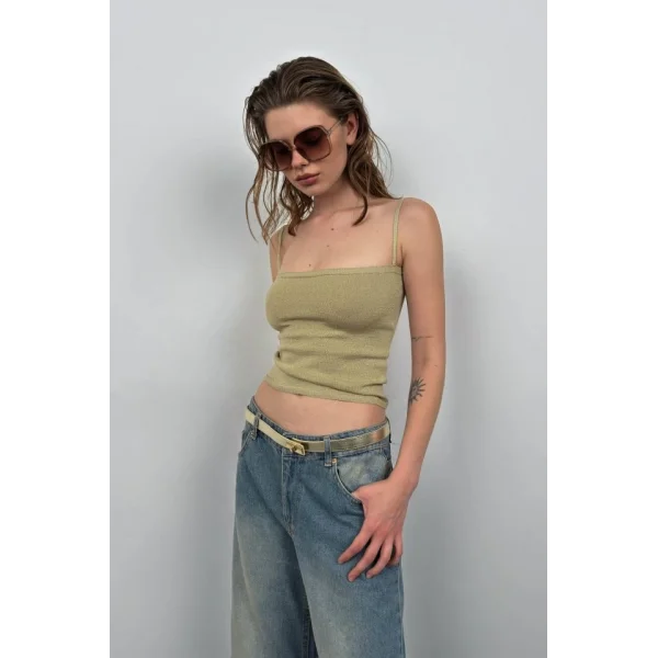 Askı Detay Parlak Triko Bluz