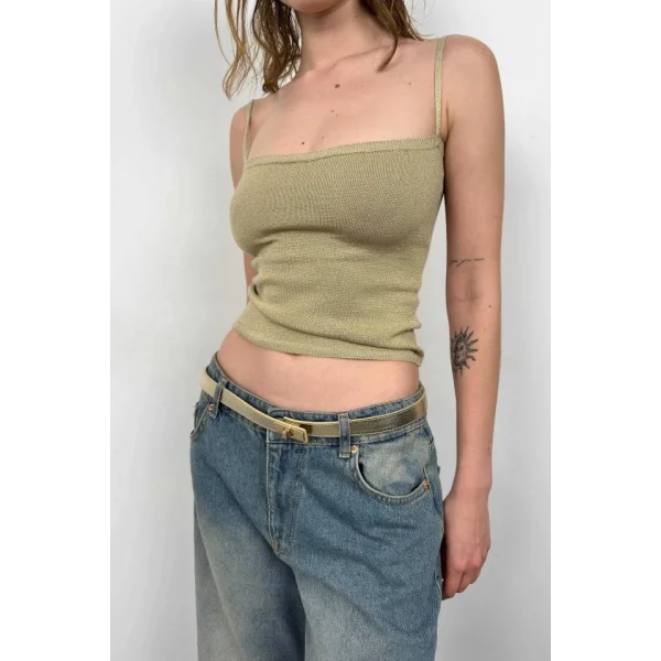 Askı Detay Parlak Triko Bluz