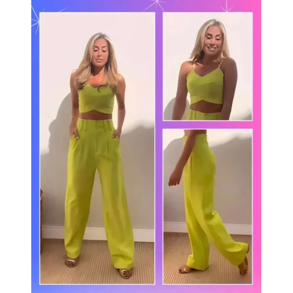 Askı Detaylı Crop Ve Pantolon Takım  Açık Yeşil