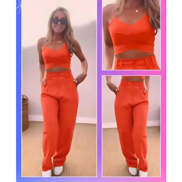 Askı Detaylı Crop Ve Pantolon Takım  Turuncu