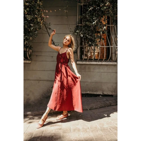 Askılı Basic Uzun Elbise - Açık Bordo