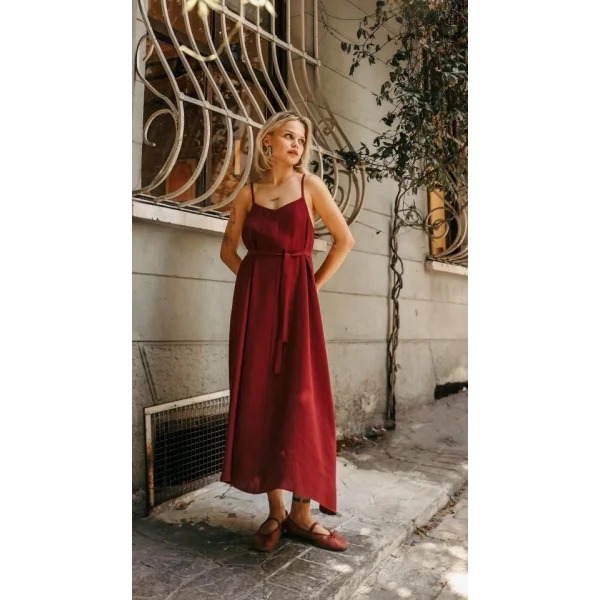 Askılı Basic Uzun Elbise - Açık Bordo