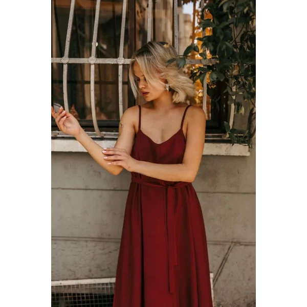 Askılı Basic Uzun Elbise - Açık Bordo