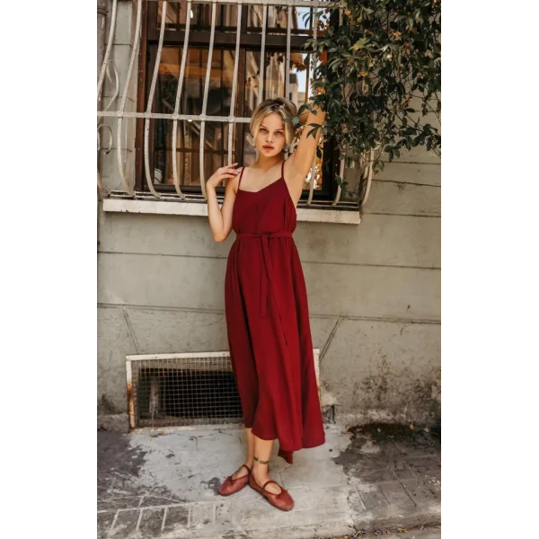 Askılı Basic Uzun Elbise - Açık Bordo