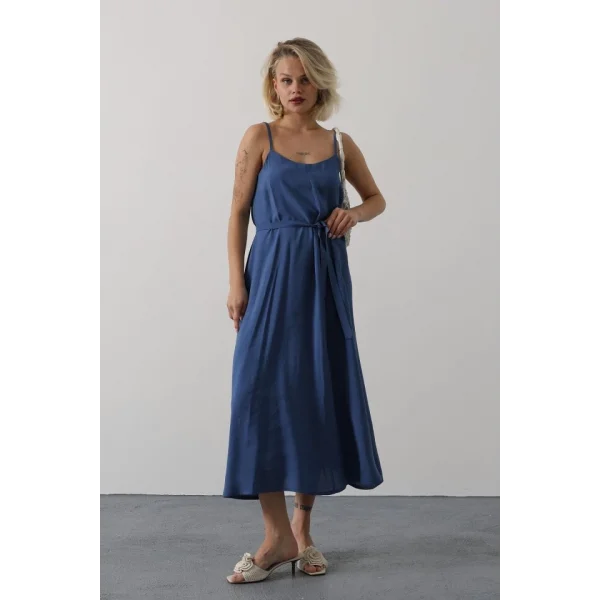 Askılı Basic Uzun Elbise - İndigo