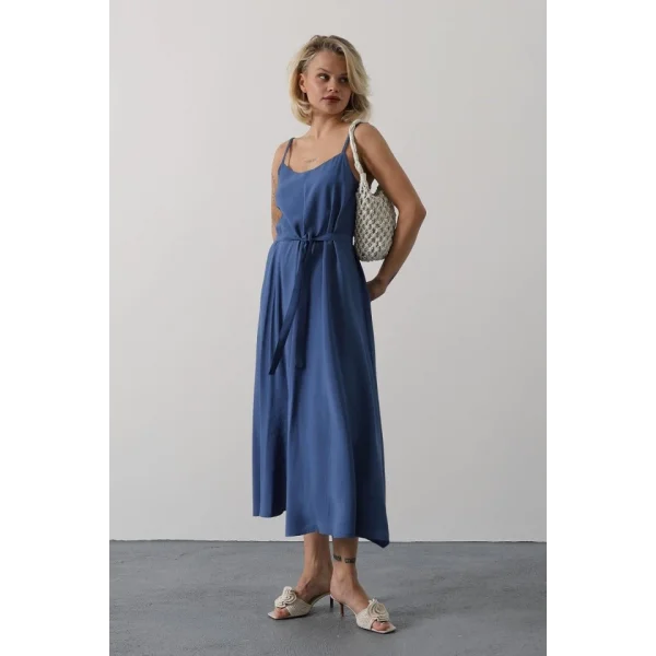 Askılı Basic Uzun Elbise - İndigo