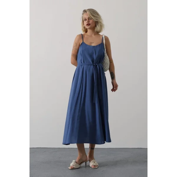 Askılı Basic Uzun Elbise - İndigo