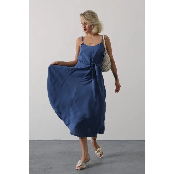 Askılı Basic Uzun Elbise - İndigo