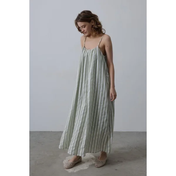 Askılı Çizgi Desen Elbise - Haki