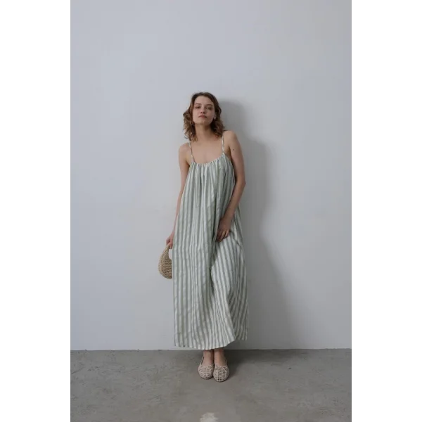 Askılı Çizgi Desen Elbise - Haki