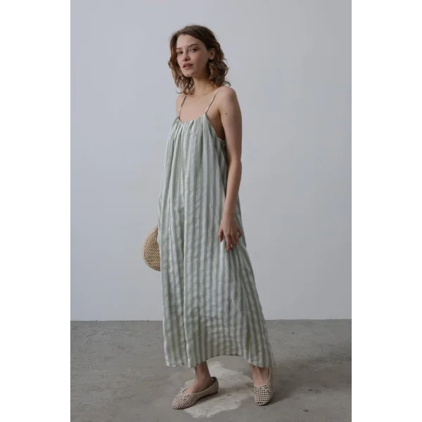 Askılı Çizgi Desen Elbise - Haki