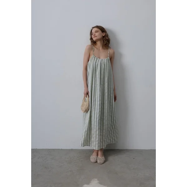 Askılı Çizgi Desen Elbise - Haki