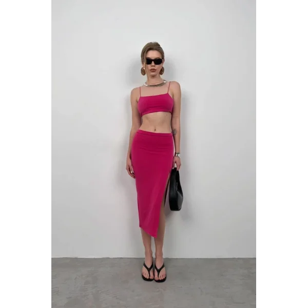 Askılı Crop Yırtmaçlı Etek Takım