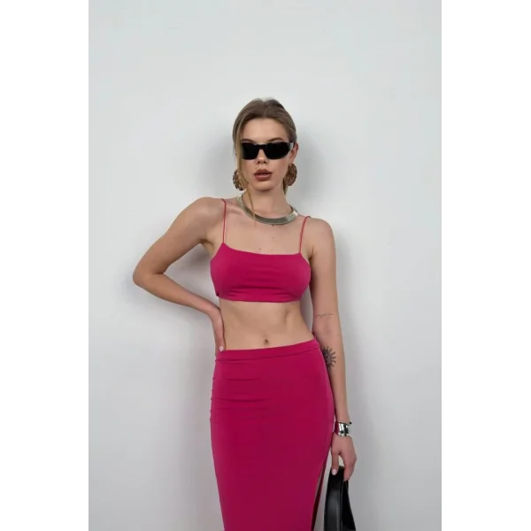 Askılı Crop Yırtmaçlı Etek Takım