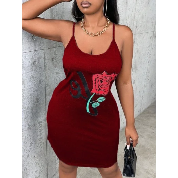 Askılı Gül Baskı Viskon Elbise