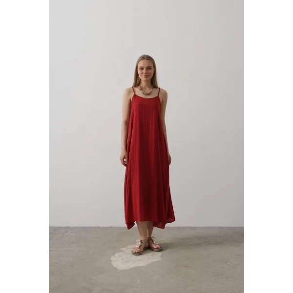 Askılı Uzun Çan Elbise - Bordo