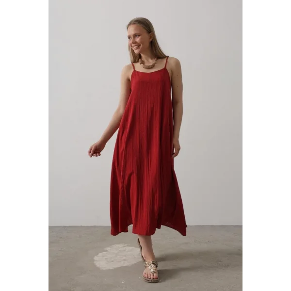 Askılı Uzun Çan Elbise - Bordo