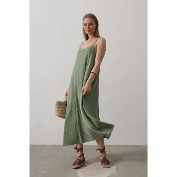 Askılı Uzun Çan Elbise - Haki