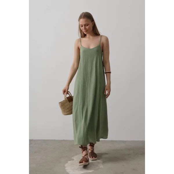 Askılı Uzun Çan Elbise - Haki