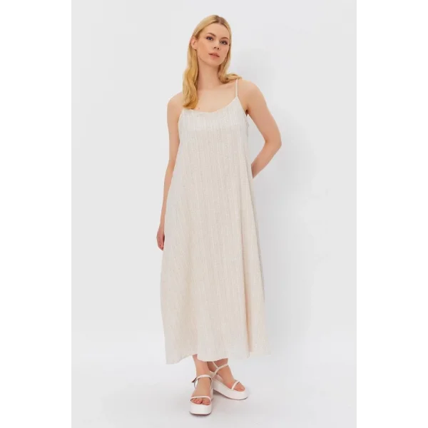 Askılı Uzun Çan Elbise - Natür