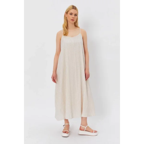 Askılı Uzun Çan Elbise - Natür