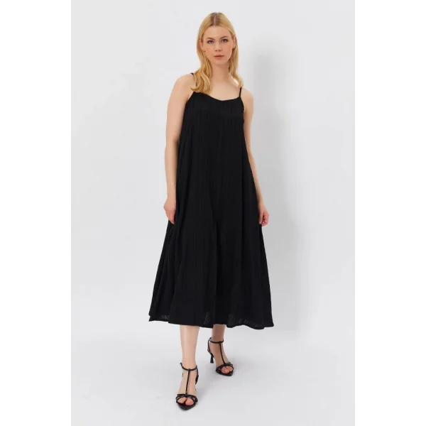Askılı Uzun Çan Elbise - Siyah