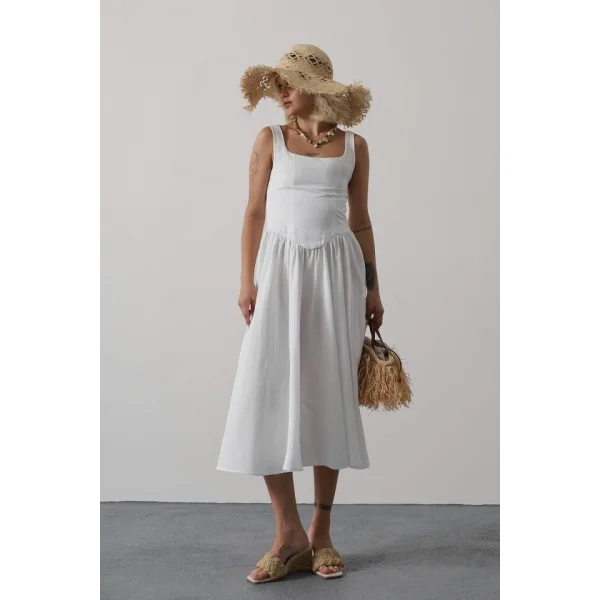 Askılı Uzun Elbise - Beyaz