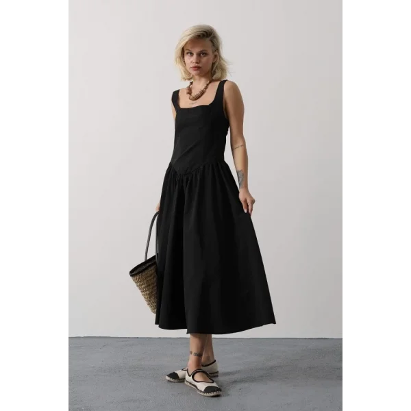 Askılı Uzun Elbise - Siyah