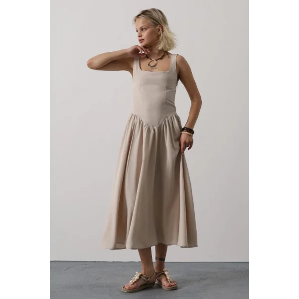 Askılı Uzun Elbise - Taş