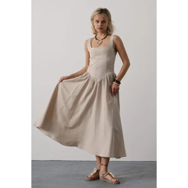 Askılı Uzun Elbise - Taş