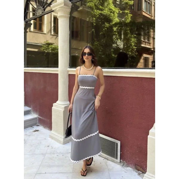 Askılı Uzun Şerit Detaylı Şık ve Rahat Elbise - Gri
