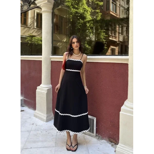 Askılı Uzun Şerit Detaylı Şık ve Rahat Elbise - Siyah