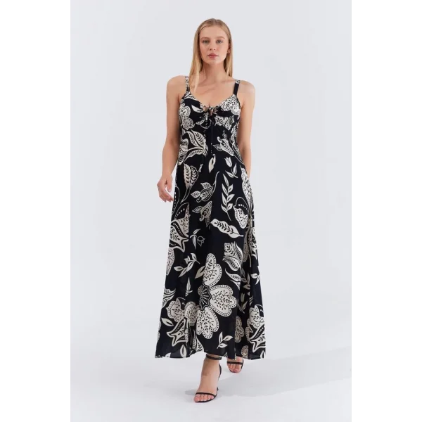 Askılı Viscon Elbise - Siyah