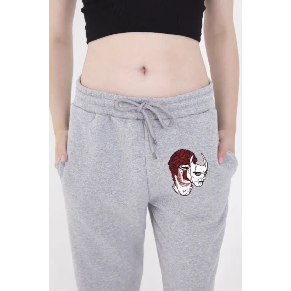 astikli Baskılı Eşofman Pantolon  Gri