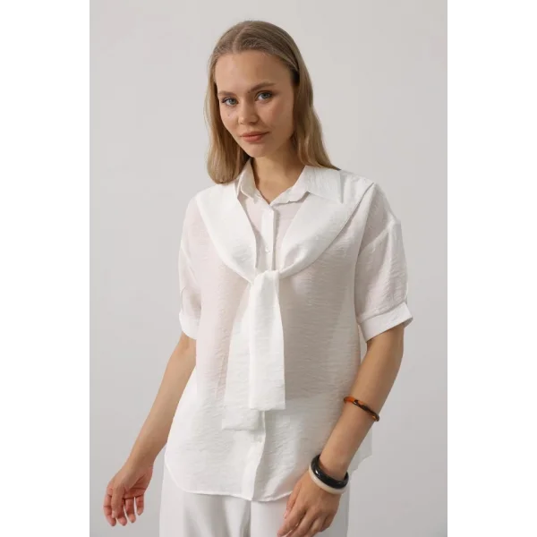 Atkı Detaylı Yarım Kol Gömlek - Beyaz