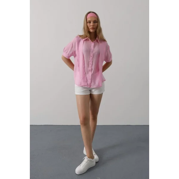 Atkı Detaylı Yarım Kol Gömlek - Pembe