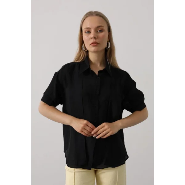 Atkı Detaylı Yarım Kol Gömlek - Siyah