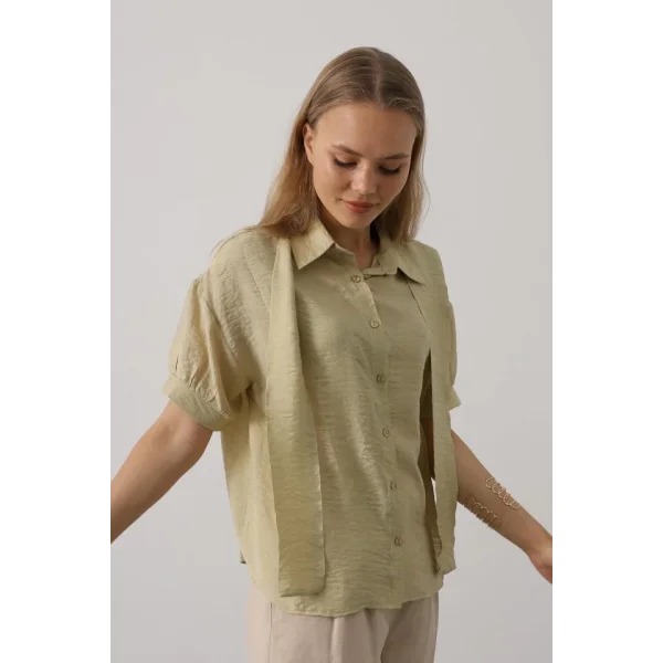 Atkı Detaylı Yarım Kol Gömlek - Yağ Yeşili
