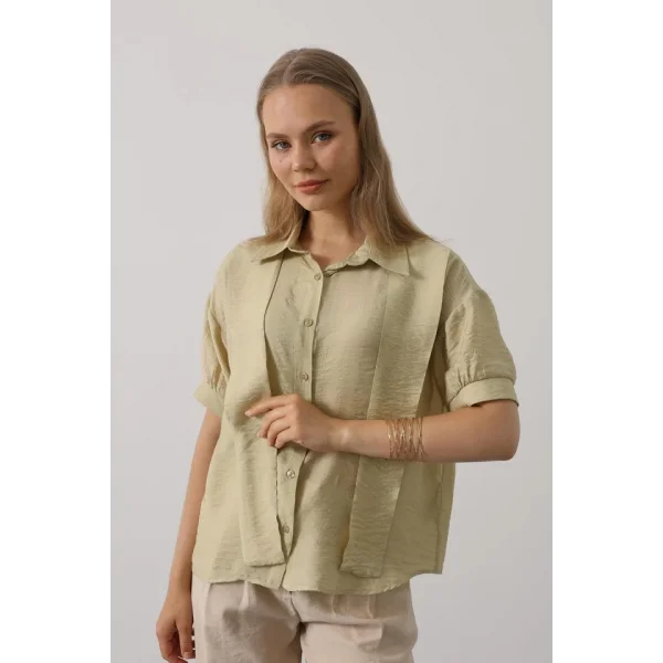 Atkı Detaylı Yarım Kol Gömlek - Yağ Yeşili