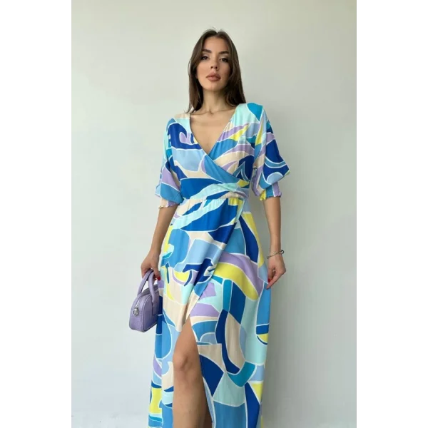 avi Desenli Yırtmaçlı Elbise